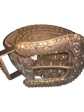 Embellished Brown Leather Belt with Gold-tone Studs and Rhinestones